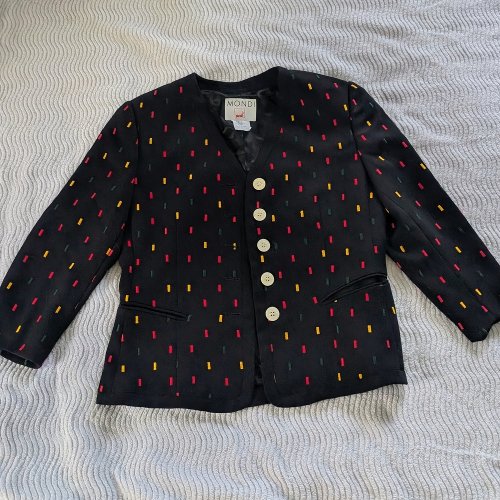 Mondi Black Blazer with Red and Yellow Accents Made Is Germany Vintage Wool Blen